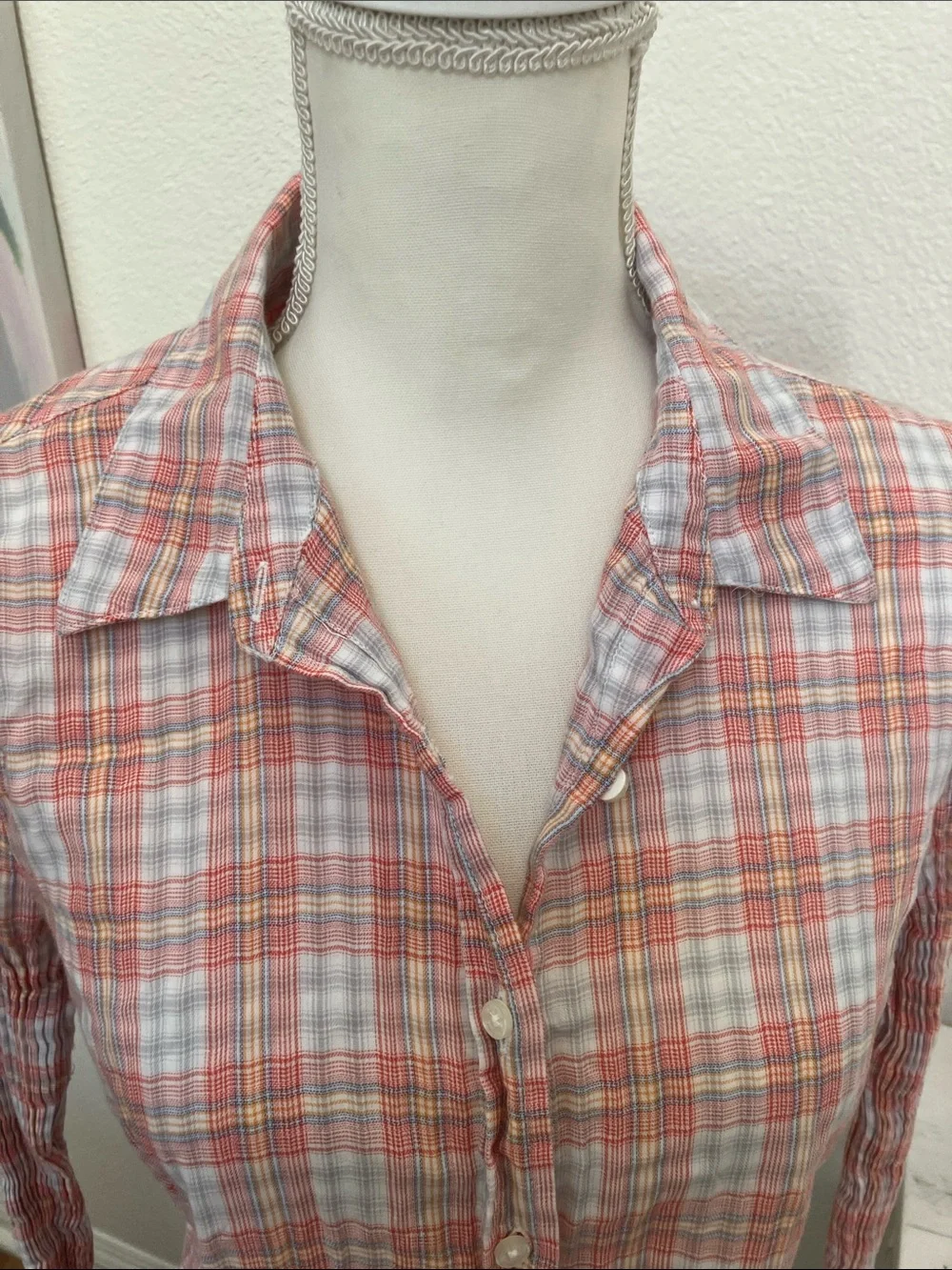 Y2k Liz Claiborne Women’s Coral and White Plaid Button-Down Shirt